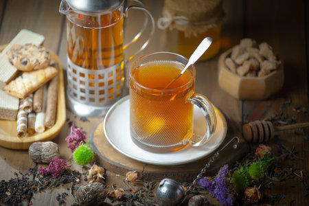 Tea in a cup on an old background. Selective focus.の写真素材