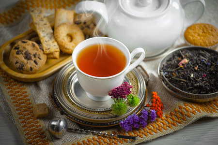 Tea hot drink on old background in composition on the theme of healthの写真素材