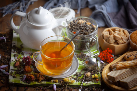 Tea hot drink on old background in composition on the theme of healthの写真素材