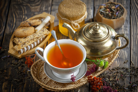 Tea in a cup on an old background in a composition with accessoriesの写真素材