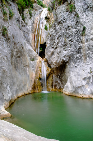 Waterfall Salt de Brull, the river de Sant Aniol, Sadernes, Catalonia, Spain.の写真素材