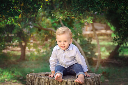 Cute little boy sitting on a stump. Expressing Positivity Concept. Happy childhood .の写真素材