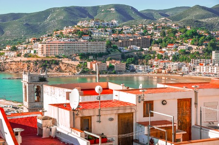 View of the sea from a height of Pope Luna's Castle. Valencia, Spain.  Peniscola. CastellÃ³n. The medieval castle of the Knights Templar on the beach. Beautiful view of the sea and the bay.の写真素材
