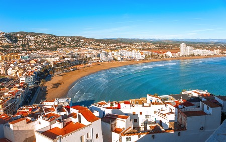 Spain. Valencia,  Peniscola. View of the sea from a height of Pope Luna's Castle. The medieval castle of the Knights Templar on the beach. Beautiful view of the sea and the bay. Mediterranean Sea. の写真素材