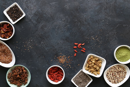 Super Food in bowls on dark groundの写真素材