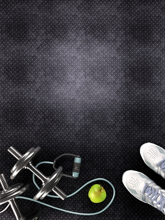 Fitness background with dumbbells and smartphone. View from aboveの写真素材