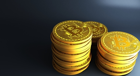 Many gold bitcoins laying on reflective surface, 3d Renderingの写真素材
