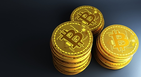 Many gold bitcoins laying on reflective surface, 3d Renderingの写真素材