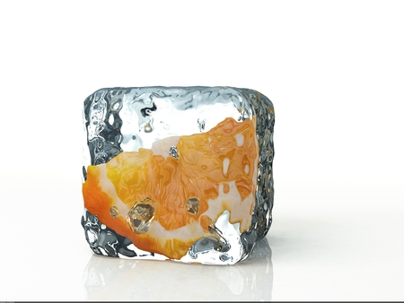 Ice cube and orange isolated on a white background, 3d Renderingの写真素材