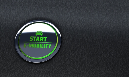 green car button. Concept of e-mobility. 3d Rendering