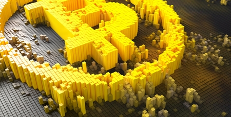3d rendering of small golden dice forming a bitcoin symbolの写真素材