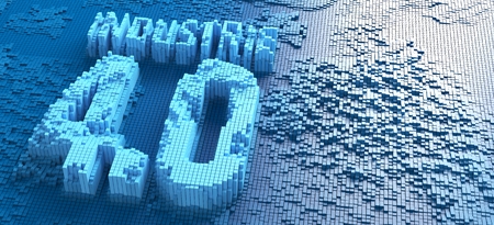 3d rendering of small blue boxes forming the German word Industrie 4.0 symbol - Illustrationの写真素材