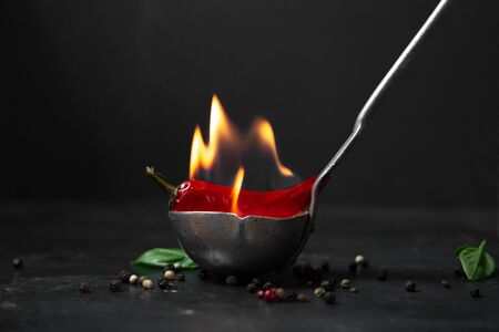 Flamed chili pepper with basil and peppercorns in a ladle on a rustic surface,の写真素材