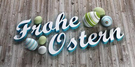 3d rendering of Easter eggs on wooden background