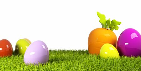 Colorful easter eggs in a row on green grass 3d rendering