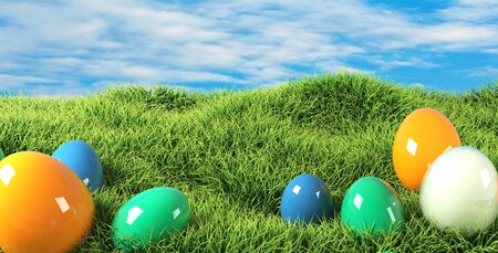 colorful Easter eggs in grass 3d rendering.