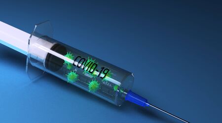 3D rendering of a syringe that is injected into a corona virusの写真素材