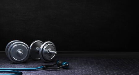 Dark Fitness background with dumbbells. 3d Rendering.の写真素材