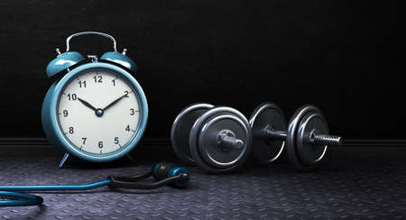 Dark Fitness background with alarm clock and dumbbells. 3d Renderingの写真素材