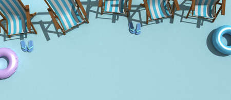 Summer concept with reclining tubs and float tyres in light blue flat 3d renderingの写真素材