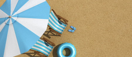 The concept of summer vacation. Top view on a sun lounger under an umbrella on the sandy beach, 3d...