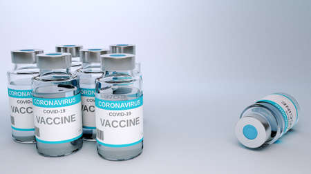 Creative design for Coronavirus vaccine background. Covid-19 corona virus vaccination with vaccine bottle, 3d Renderingの写真素材