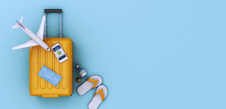 Corona vaccination concept with airplane, mask and vaccination bottle as background from above, 3d renderingの写真素材