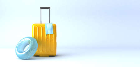 yellow suitcase with face mask and travel accessories on light blue background. 3d renderingの写真素材
