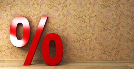 Red percentage sign on a vintage wall on wooden floor, 3d rendering