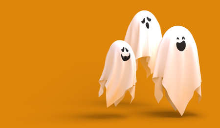 Three Halloween ghosts on orange background, 3d renderingの写真素材