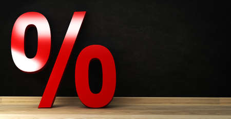 Red percentage sign on a wall on wooden floor, 3d rendering