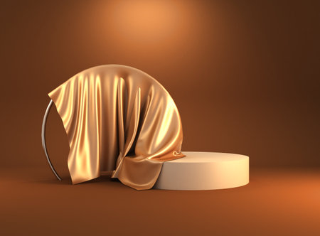 Gold product background stand or podium pedestal on luxury advertising display with blank backdrops. 3D rendering.の写真素材