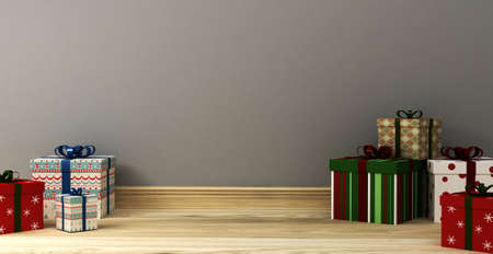 Empty room with colorful gift on wooden floor 3d renderingの写真素材