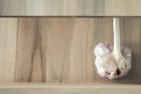 Head of garlic on bleached wood shelf の写真素材