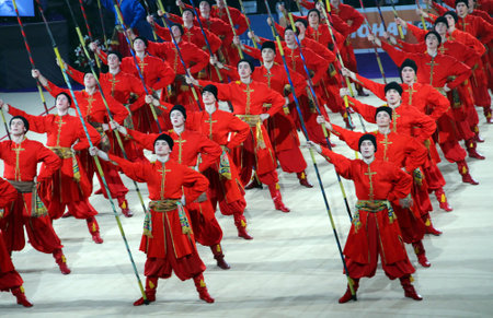 Kyiv, Ukraine - March 18, 2012: Virsky dance emsemble performs during Gala Concert at Rhythmic Gymnastics Deriugina Cupのeditorial素材