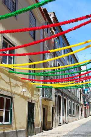 Lisbon street with holiday decoration during Lisbon Festival, Portugalのeditorial素材