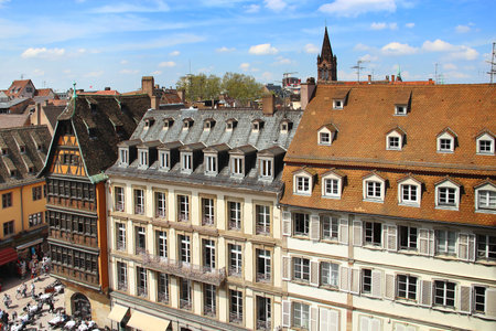 Old buildings on the Cathedral square in downtown Strasbourg, Alsace, Franceのeditorial素材