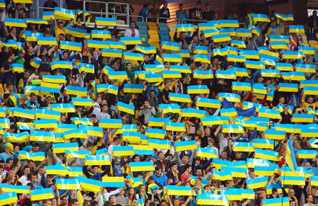 LVIV, UKRAINE - OCTOBER 12, 2014: Ukrainian fans support their team during the UEFA EURO 2016 Qualifying game between Ukraine and Macedonia on Lviv Arenaのeditorial素材