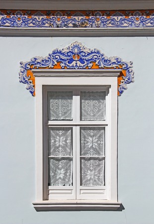 Window of the house with old azulejo tiles decoration on Azores island in Portugalの写真素材