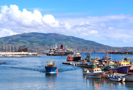 PONTA DELGADA, AZORES, PORTUGAL - SEPTEMBER 29, 2015: Fishing boats and ships in the harbor of Ponta Delgada on Sao Miguel island, Azoresのeditorial素材