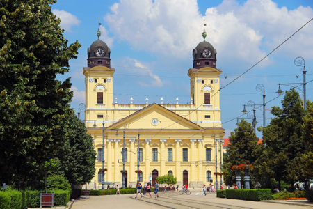 DEBRECEN, HUNGARY - JULY 1, 2016: Kossuth Ter, the central square of Debrecen, with Reformed Great...