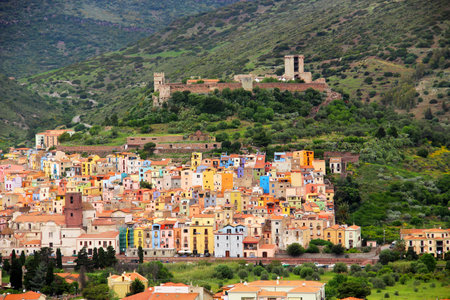 Bosa town with colorful houses and Serravalle's Castle, Oristano province, Sardinia, Italyのeditorial素材