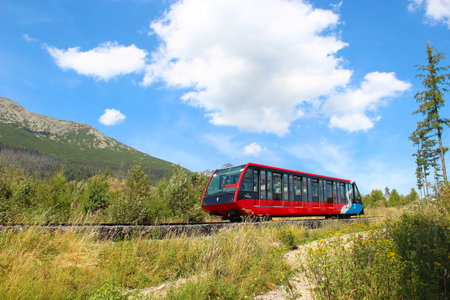 STARY SMOKOVEC, SLOVAKIA - AUGUST 28, 2015: Funicular from Stary Smokovec to Hrebienok mountain in High Tatras (Vysoke Tatry) national parkのeditorial素材