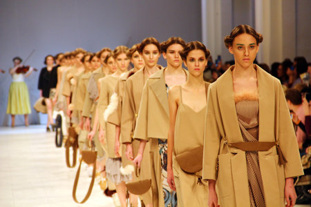 KYIV, UKRAINE - FEBRUARY 7, 2017: Models walk the runway at Maryna RYBALKO collection show during the 40th Ukrainian Fashion Week at Mystetsky Arsenal in Kyivのeditorial素材