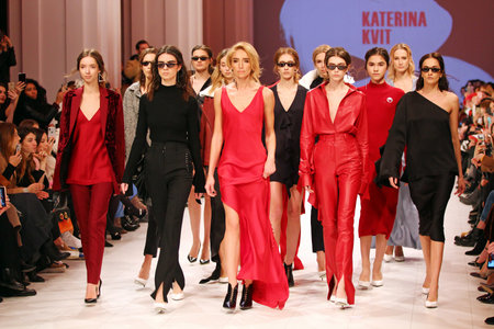 KYIV, UKRAINE - FEBRUARY 5, 2018: Models walk the runway at Katerina Kvit collection show during Ukrainian Fashion Week WF18-19 at Mystetsky Arsenal in Kyivのeditorial素材