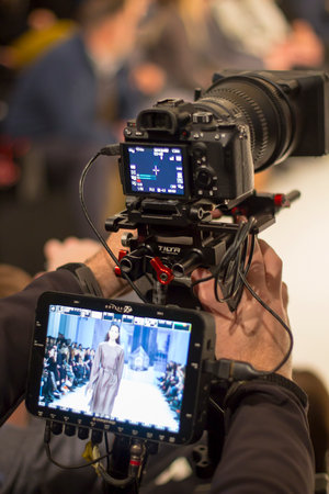 KYIV, UKRAINE - FEBRUARY 5, 2018: Televison camera broadcasting a show during Ukrainian Fashion Week...