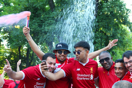 KYIV, UKRAINE - MAY 26, 2018: Liverpool football fans taking photo at the day of UEFA Champions League Final match Real Madrid vs Liverpoolのeditorial素材