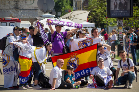 KYIV, UKRAINE - MAY 26, 2018: Real Madrid football fans taking photo at the day of UEFA Champions League Final match between Real Madrid and Liverpoolのeditorial素材