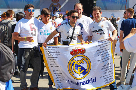 KYIV, UKRAINE - MAY 26, 2018: Real Madrid football fans taking photo at the day of UEFA Champions League Final match Real Madrid vs Liverpoolのeditorial素材