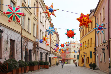 LUBLIN, POLAND - JANUARY 16, 2018: Bramowa street in Lublin old town with Christmas decorationsのeditorial素材